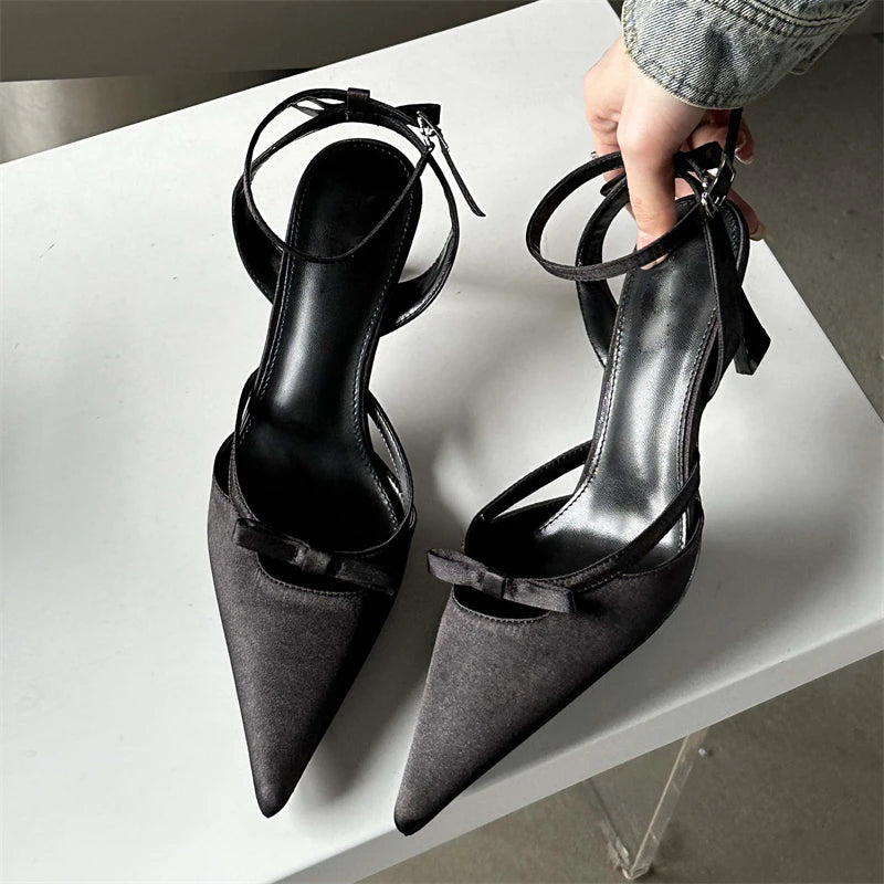 2024 New Design Ankle Buckle Strap Women Thin Pointed Toe Slingback Mules Shoes Low Heel Pumps