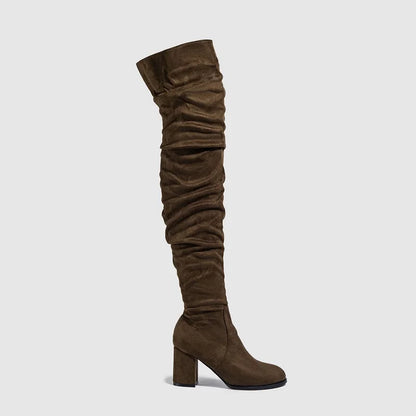 2024 Winter Zipper Flock Square Heel Thigh Long Botas De Mujer Knee High Boots