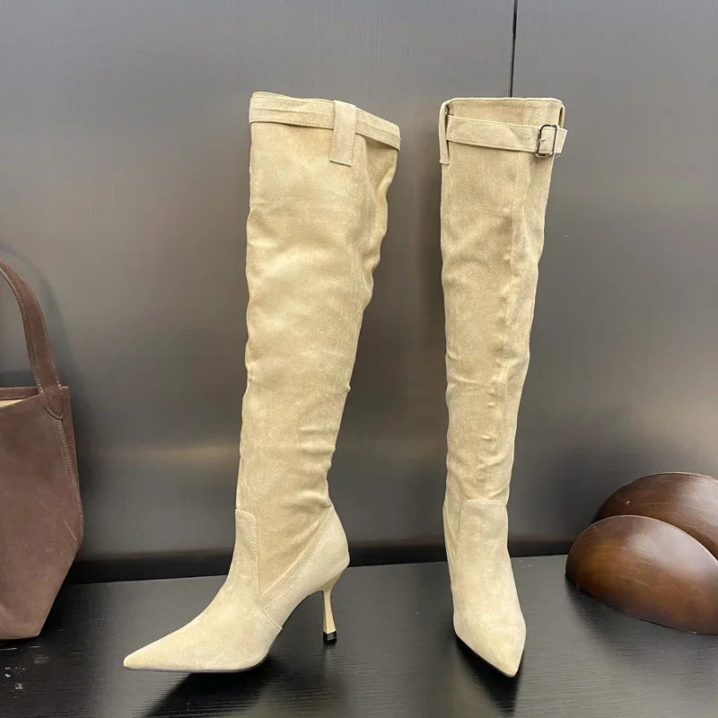 2024 Winter Buckle Strap Sexy Pointed Toe Thin Heels Thigh Long Knee High Boots