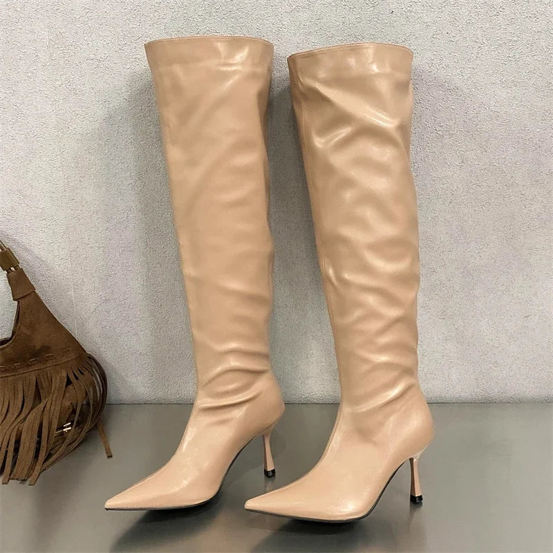 2024 Winter Sexy Pleated Designer Pointed Toe Long Thin Heels Knee High Boots