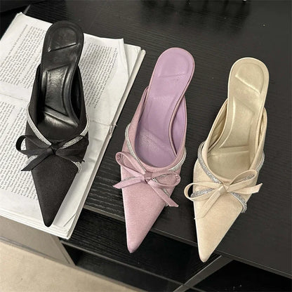 Butterfly-knot Women Slippers Design Style Ladies Pointed Toe Mules Slides Shoes Low Heel Pumps