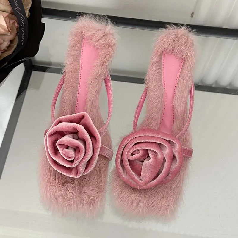 Corduroy Faux Fur Slippers Women Square Toe Highs Slides Summer Outdoor Banquet Shoes Low Heel Pumps