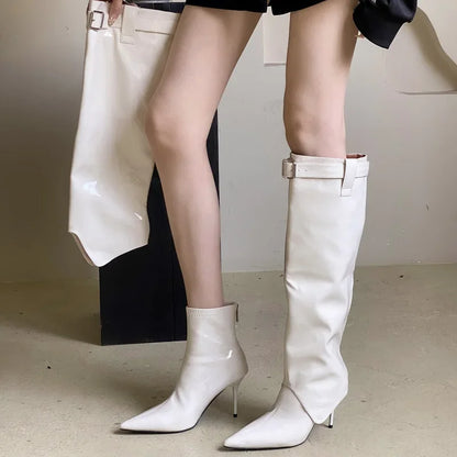 Designer Sexy Patent Leather Thin Heels Long Belt Buckle Stripper Knee High Boots