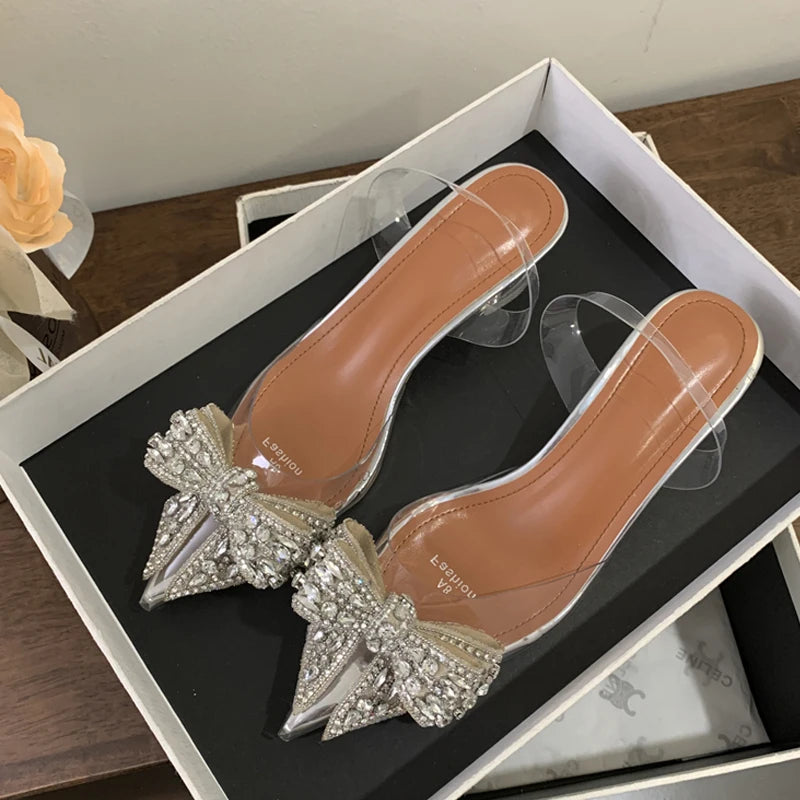 Elegant PVC Transparent Sequined Bowknot Women High Party Prom Shoes Low Heel Pumps