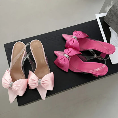 Fashion Butterfly-knot Pointed Toe Women PVC Transparent Highs Wedding Banquet Mules Shoes Low Heel Pumps