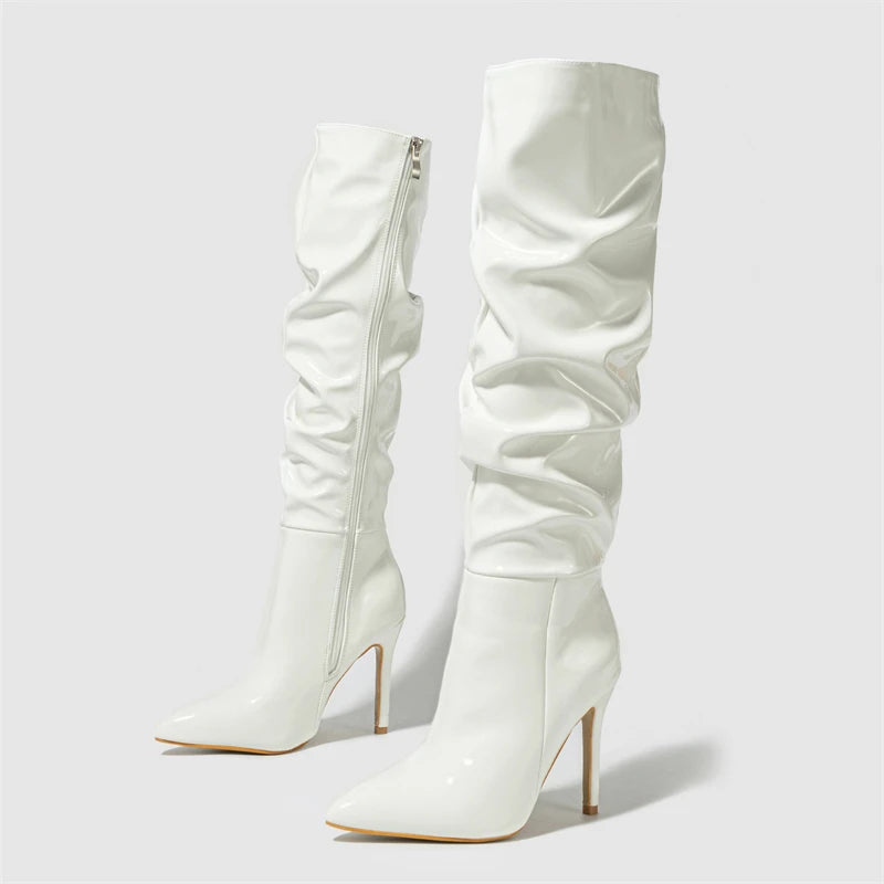 Fashion Patent Leather Sexy Pointed Toe Thin Heels Zipper Long Knee High Boots