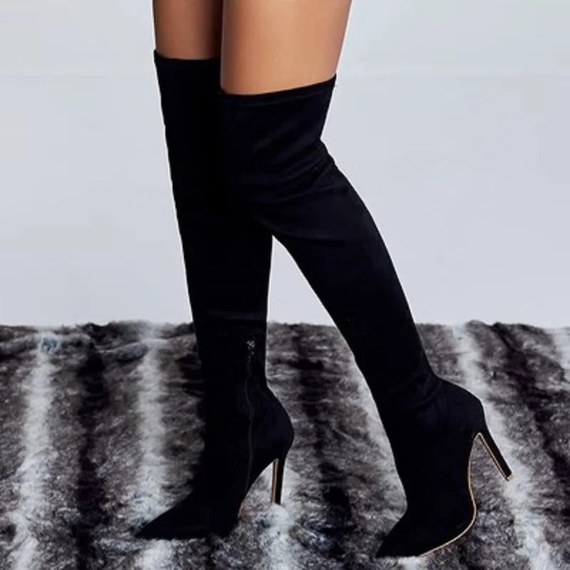 Fashion Pointed Toe Thin Heels Sexy Flock Thigh Long Autumn Winter Knee High Boots