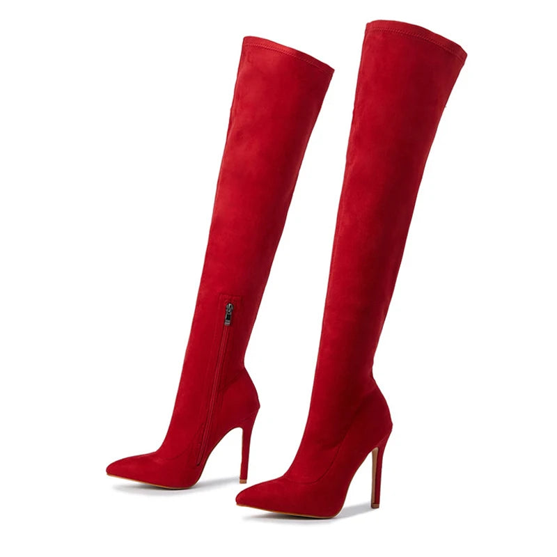 Fashion Pointed Toe Thin Heels Sexy Flock Thigh Long Autumn Winter Knee High Boots