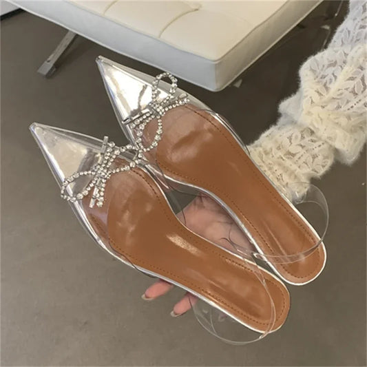 Sexy PVC Transparent Butterfly-knot Women Fashion Party Shoes Elegant Slingbacks Mules Sandals Low Heel Pumps