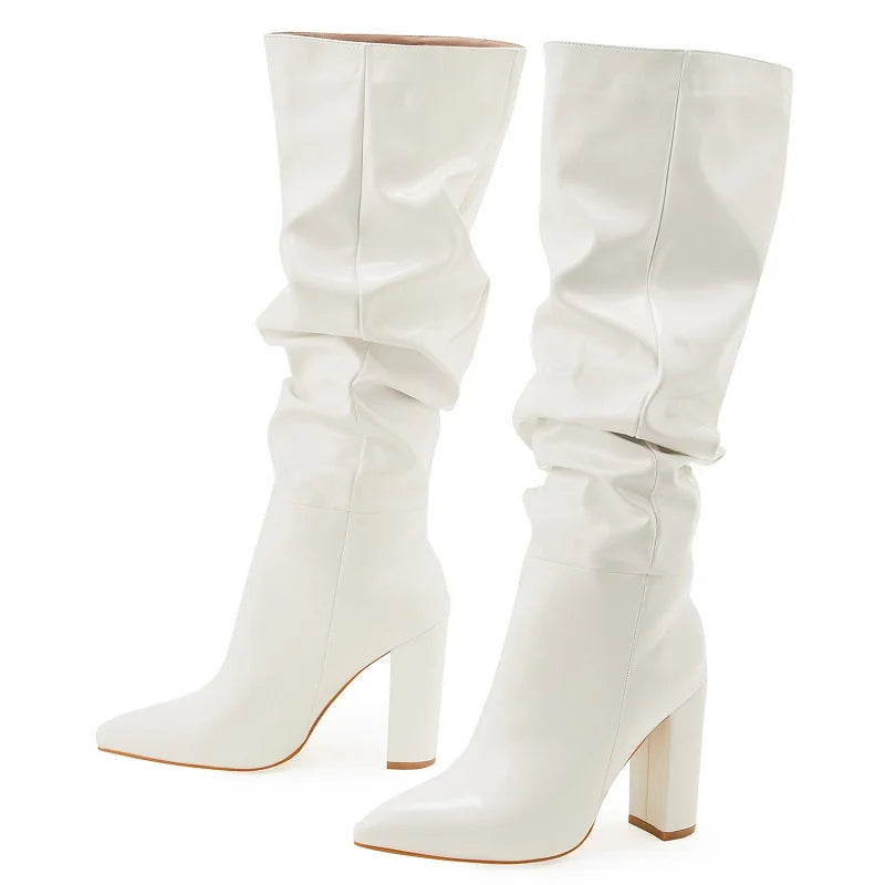 Sexy Street Designer Pointed Toe Patent Leather Chunky Heels Knee High Boots