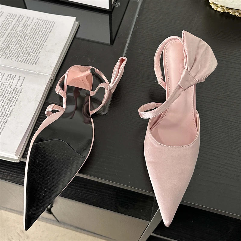 Spring Fashion Pleated Hol Women Pointed Toe Thin Elegant Party Slingbacks Mule Shoes Low Heel Pumps