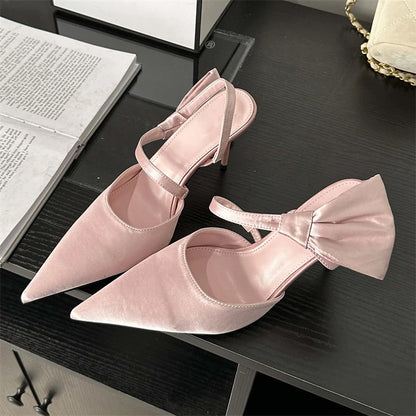 Spring Fashion Pleated Hol Women Pointed Toe Thin Elegant Party Slingbacks Mule Shoes Low Heel Pumps