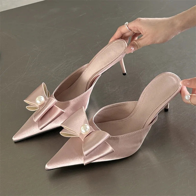 Spring Sexy Butterfly-knot Women Slipper Pointed Toe Slip On Ladies Elegant Mules Shoes Low Heel Pumps