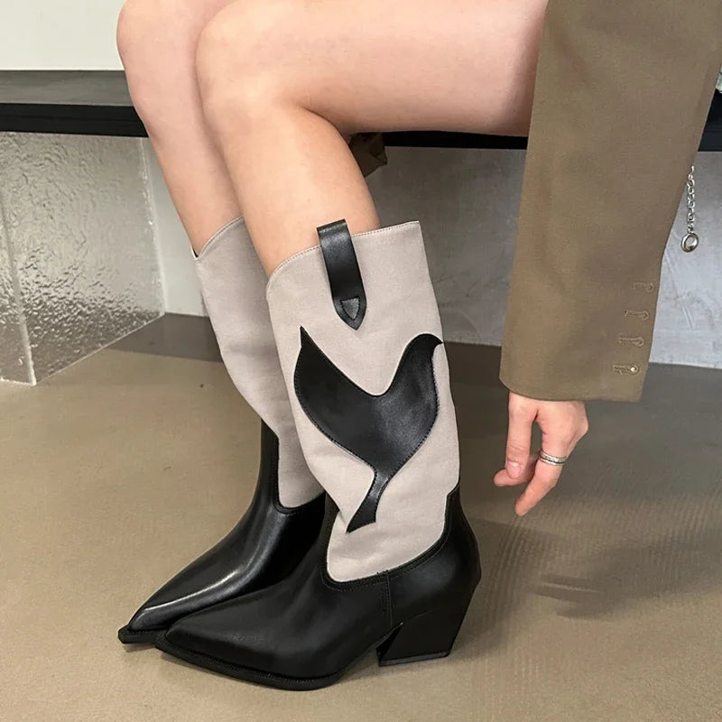 Street Style Fashion Pointed Toe Square Heels Mid-Calf Western Chelsea Knee High Boots