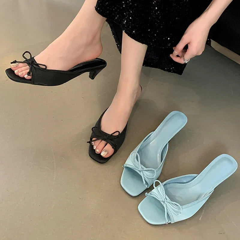 Summer Design Square Toe Slippers Fashion Butterfly-knot Women Shoes Low Heel Pumps