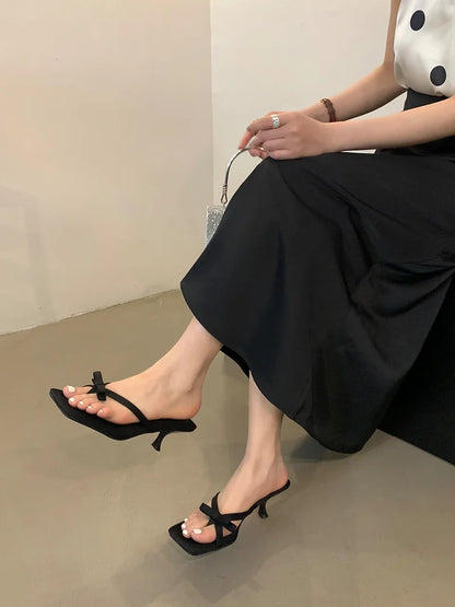 Summer Satin Butterfly-knot Clip Toe Slipper Thin Party Dress Slides Women Shoes Low Heel Pumps