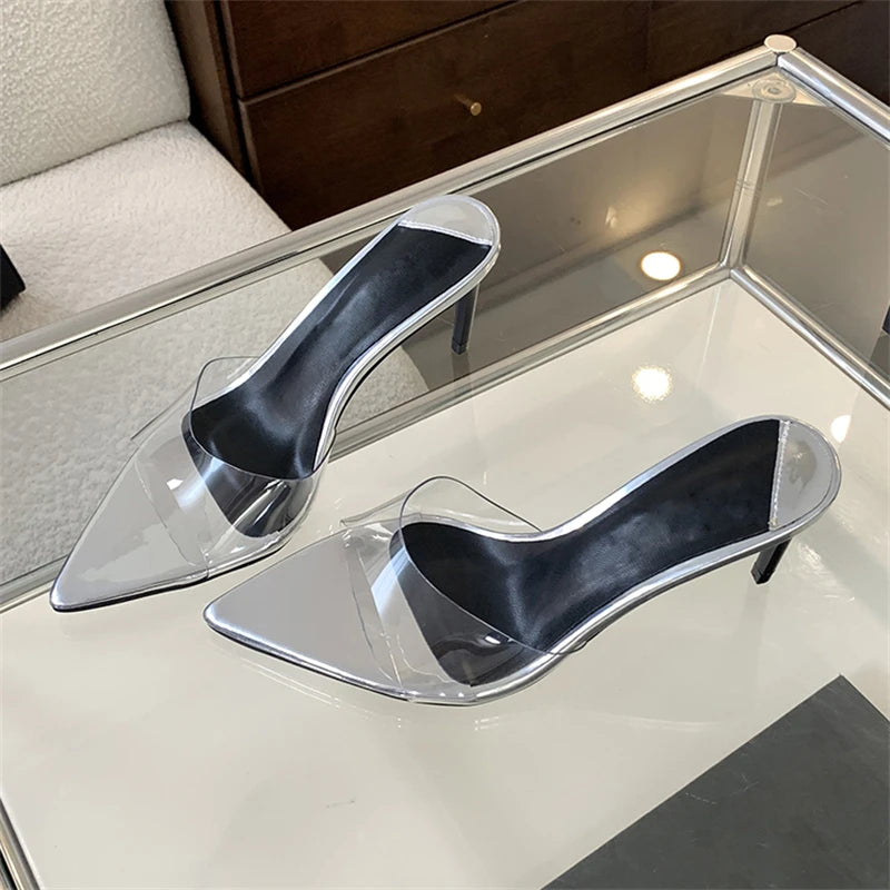 Summer Sexy PVC Transparent Slipper Women Pointed Toe Slides Stripper Sandal Thin Mule Shoes Low Heel Pumps