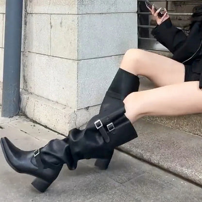 Winter Punk Style Designer Square Heels Buckle Strap Shoes Knee High Boots