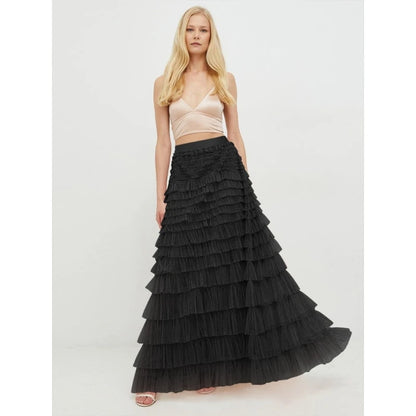 Elegant Fairy Tulle Tiered Elastic High Waist Mesh Ruffle Layered Long Skirt