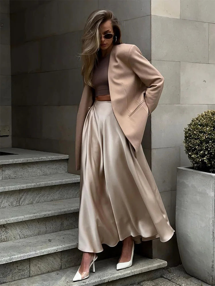 Elegant Satin Loose High Waist Classic Fashion Maxi Skirt