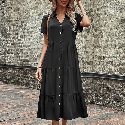 Elegant Casual Holiday Midi V Neck Single Breasted Shirt Solid Short Sleeve Summer 2024 Women's Dress