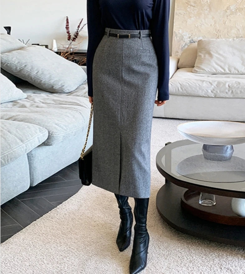 Elegant Striped Faux Wool Belted Casual High Waist A-Line Skirt