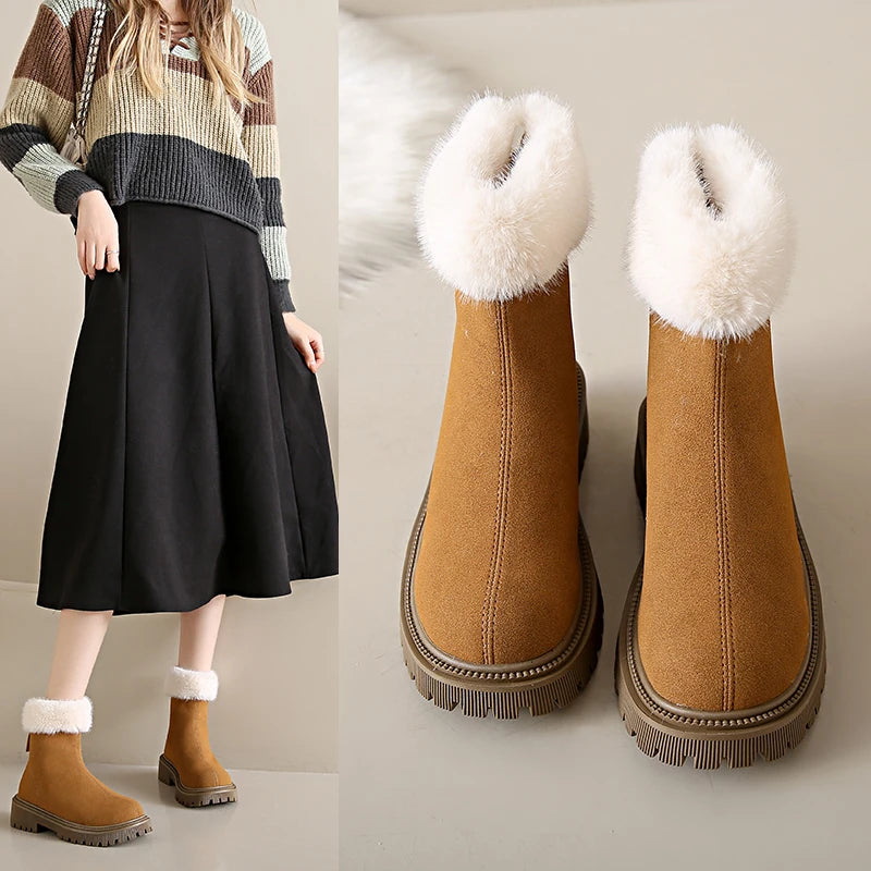 Elegant and Simple Women's Plush Shoes 2024 New Back Zipper Design Fashionable and Versatile Winter Cotton Boots Botas De Mujer