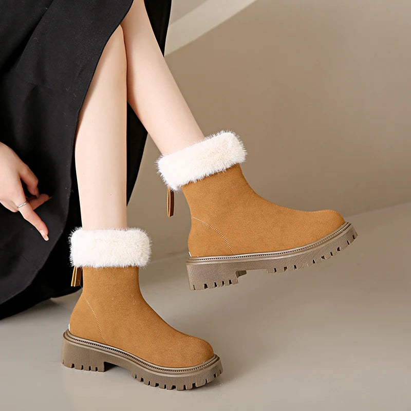 Elegant and Simple Women's Plush Shoes 2024 New Back Zipper Design Fashionable and Versatile Winter Cotton Boots Botas De Mujer