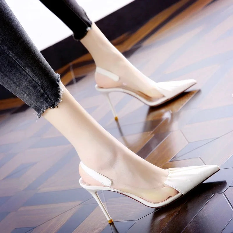 Pleated Pointed Thin Heeled Sexy Back Empty Shallow Fairy Style High Heel