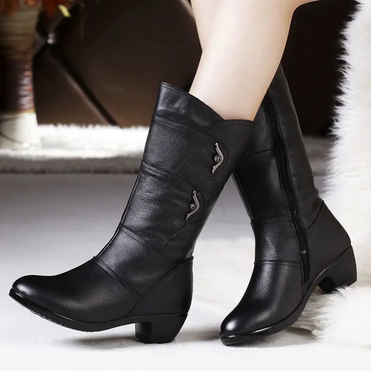 Fashion Black Middle Korean Low Heel Solid Fleece Warm Anti Skid Ankle Boot