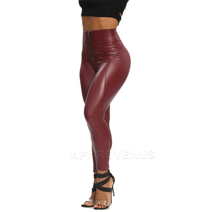 Fashion Black PU Leather Mid Waist Skinny Push Up Sexy Buttocks Streetwear Pants