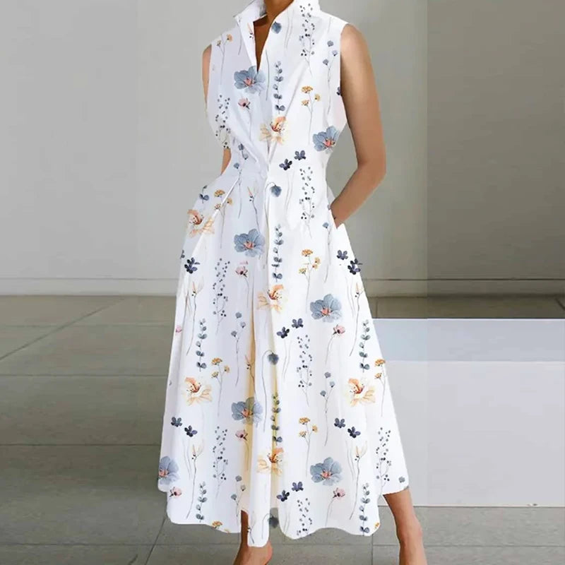 Fashion Casual Turn-down Collar  Printed Sleeveless Loose Elegant Slim Fit Midi Dresses