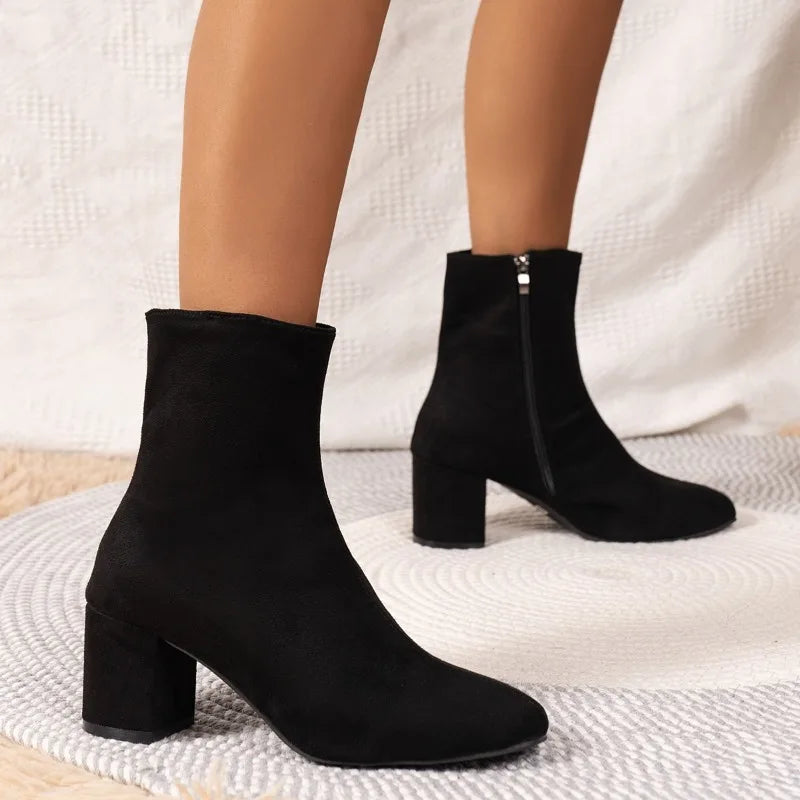 Fashion Knitted Stretch Sewing Square Heels Women Ankle Boot