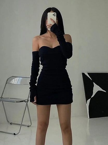 Off Shoulder Sexy Autumn Long Basic Black Slash Neck Clothes Midi Dresses