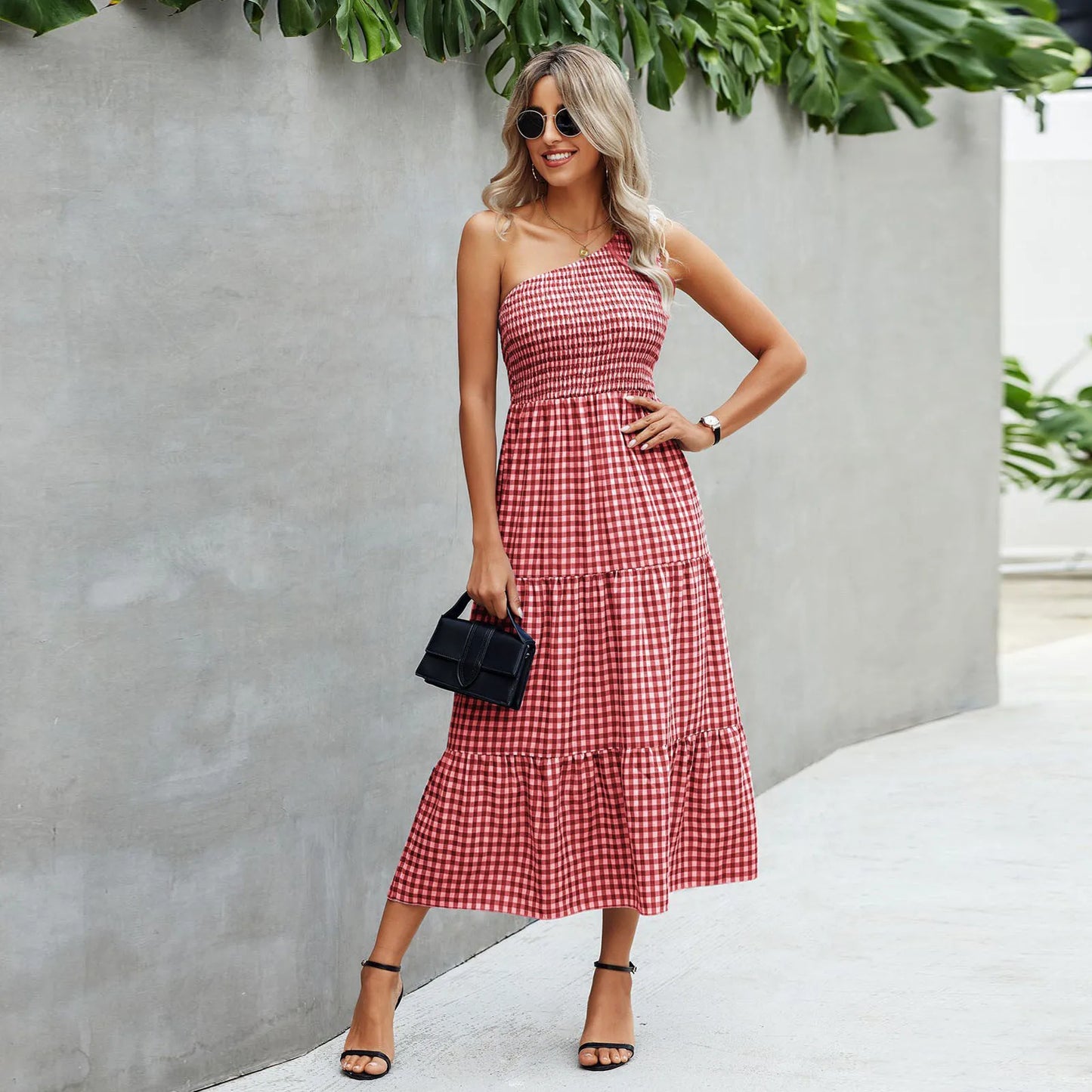 Fashionable One Shoulder Sleeveless Gingham Print 2024 Summer Casual Loose Holiday Elegant Woman Party Dress