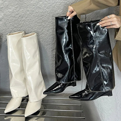 Fashion Pointed Toe Slip On Wedges Modern Long Knee High Boots