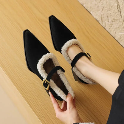 Pointed Toe New Comfortable Square Shal Mouth Plush Warm Winter High Low Heel Pumps