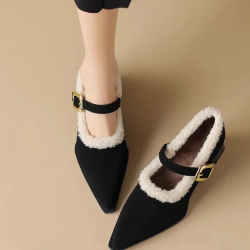 Pointed Toe New Comfortable Square Shal Mouth Plush Warm Winter High Low Heel Pumps