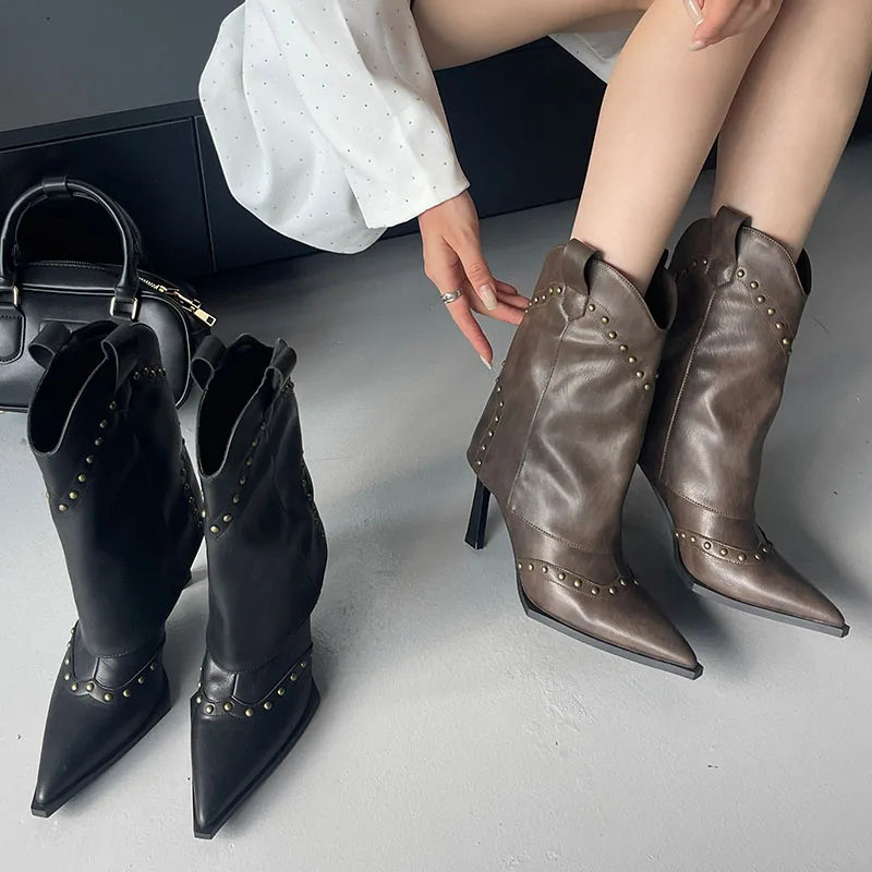 Riveted Modern Chelsea Pointed Toe Heeled Ankle Boot