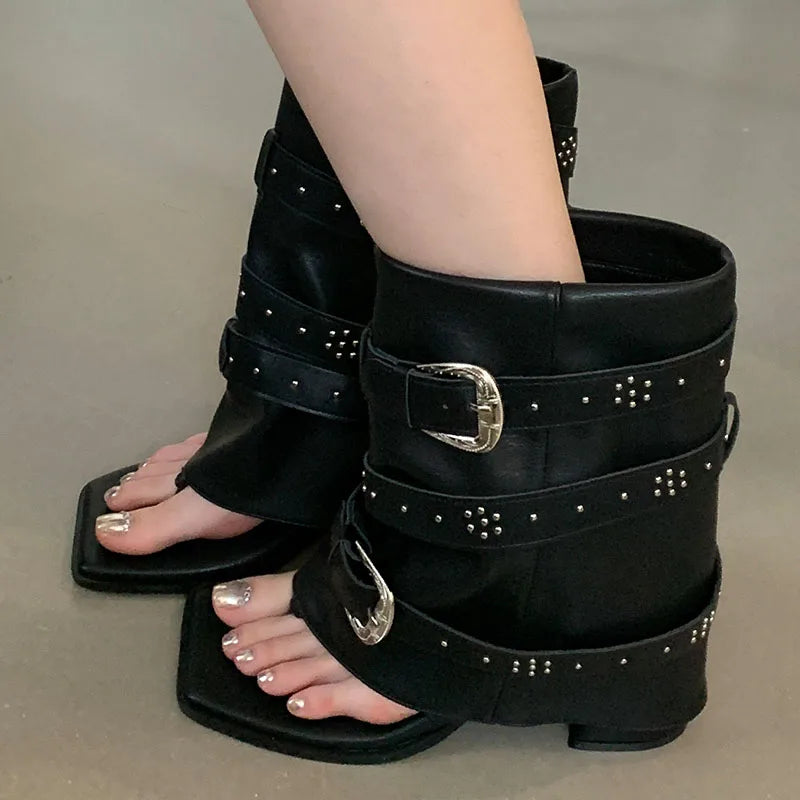 Riveted Chunky Heel Flip Flop Modern Ankle Boot