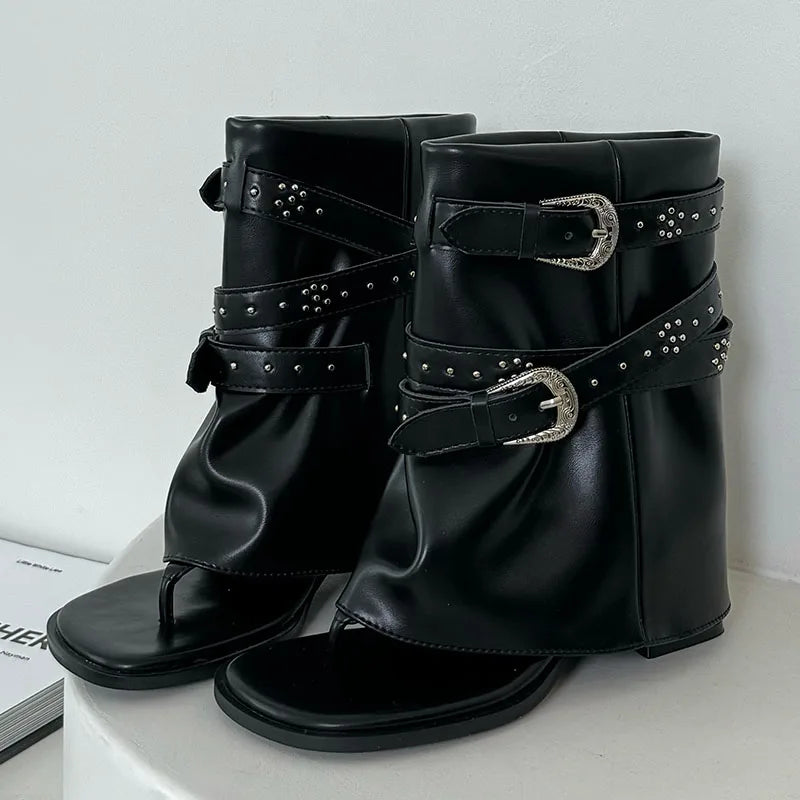 Riveted Square Heel Western Flip Flop Buckled Ankle Boot