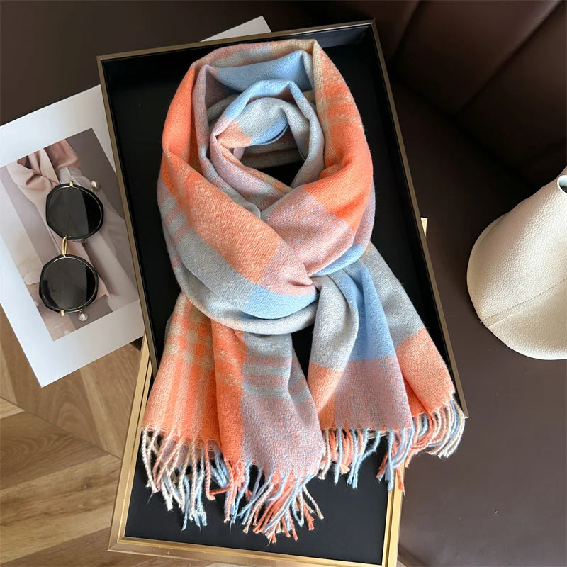 Winter Warm Colorful Cashmere Like Thick Pashmina Tassels Plaid Scarf