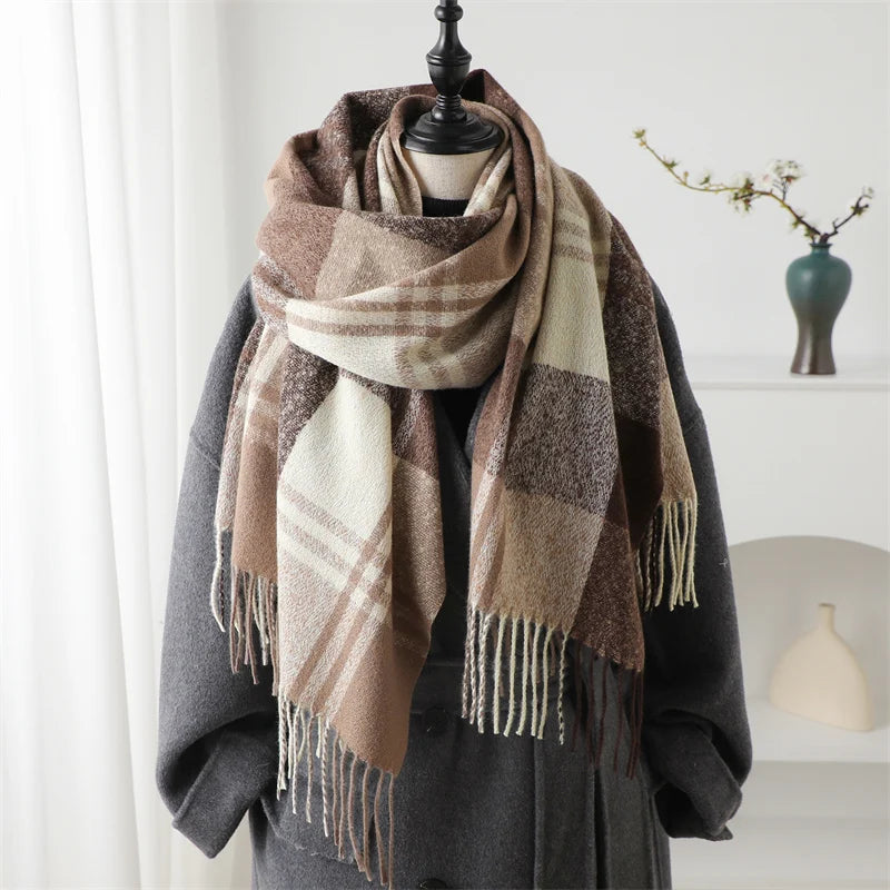 Winter Warm Colorful Cashmere Like Thick Pashmina Tassels Plaid Scarf