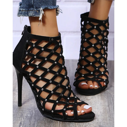 Hollow Out Studded Decor Pointed Toe Zip Sandals Casual Thin Heeled High Heel