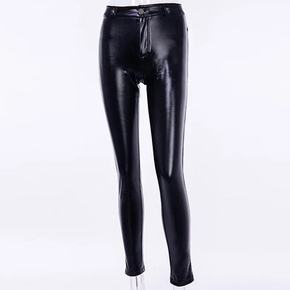 Fashion PU Black Faux Leather High Waist Push Up Elastic Skinny Trousers Pants