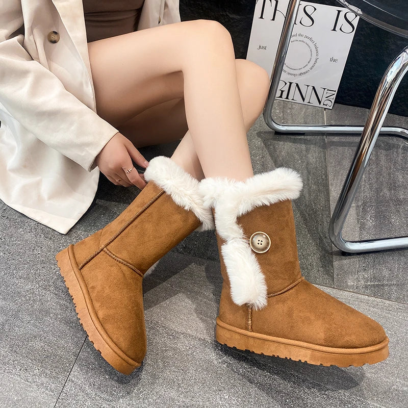 Female Shoes on Sale 2024 Winter Fashion Warm Women's Mid-calf Boots Casual and Versatile Plush Cotton Boots Botas De Mujer