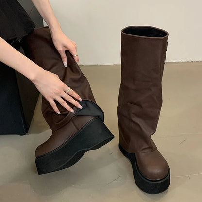 Female Thick Soled Designer Zippers Platform Western Long Knee High Boots