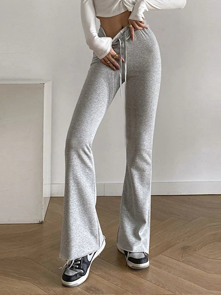 Elastic High Waist Sports Tie Up Flared Leggings Sweatpants