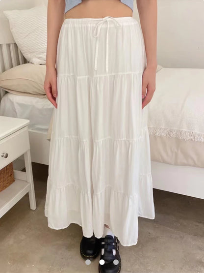 Folds Lace-up White Maxi Skirts Woman Summer High Waist A-line Loose Faldas Casual Sweet Simple Preppy Style Cute Long Skirt