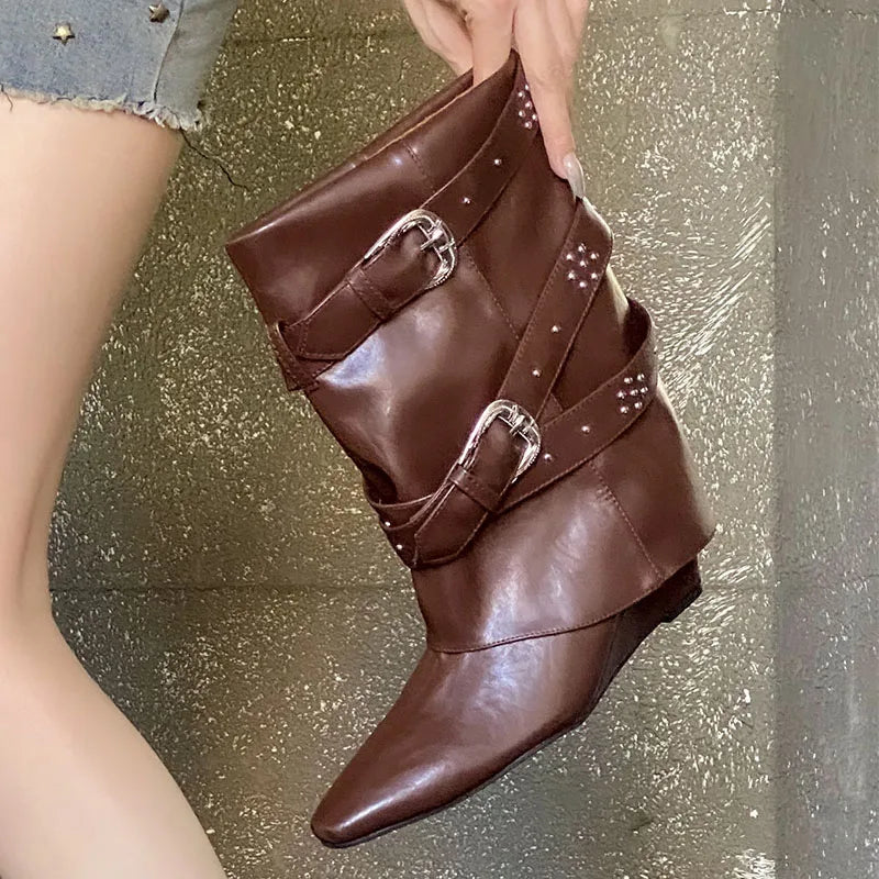 Riveted Autumn Winter Wedged Short Modern Buckled Ankle Boot